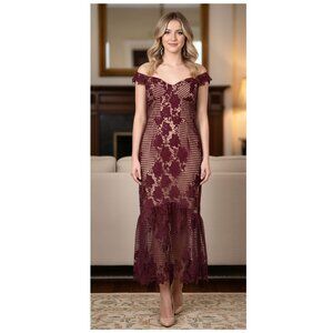 BARDOT V-Neck Lace Burgundy with Beige Overlay Sheath Dress Size 10 NWOT